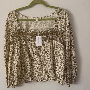Lucky Brand Cream and Brown Floral Blouse